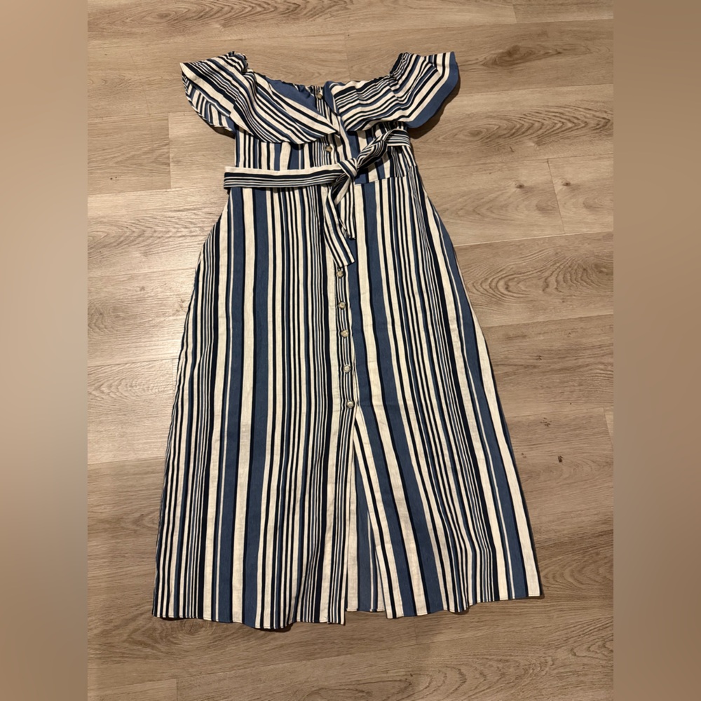 Zara Blue and White Striped Off-Shoulder Midi Dress